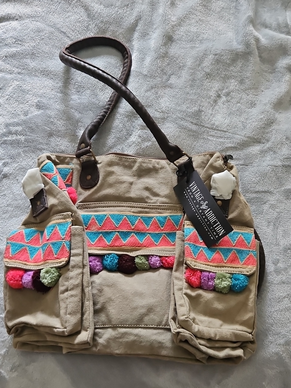 Vintage Addiction Beige Canvas Tote with Colorful Pom-Pom Trim
